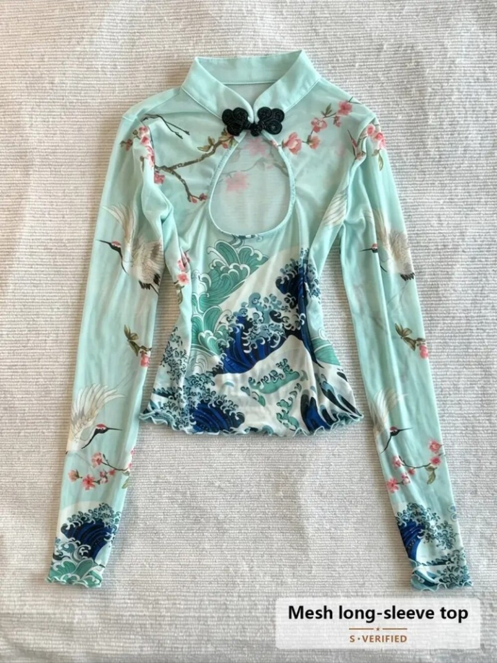 2026 New Style Improved Chinese-Style Cheongsam Collar Mesh Long-Sleeve Top